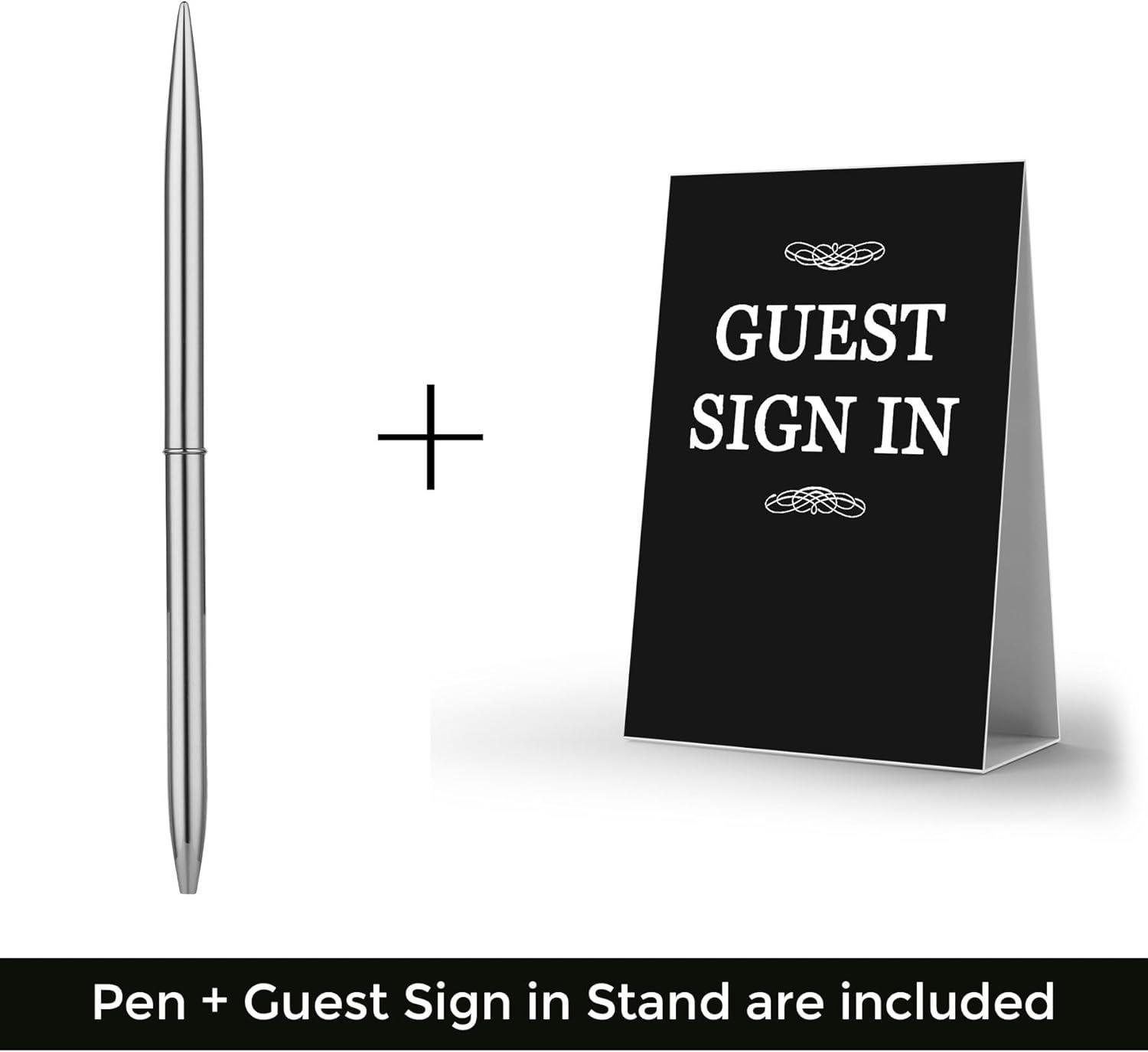 Black Guest Book & Pen – 9"x7" Hardcover 100 Page/50 Sheets - Silver Foil Gilded Edges for Guests & Visitors to Sign at Weddings, Party, Baby or Bridal Shower, Funerals, Memorials - Blank Left Page