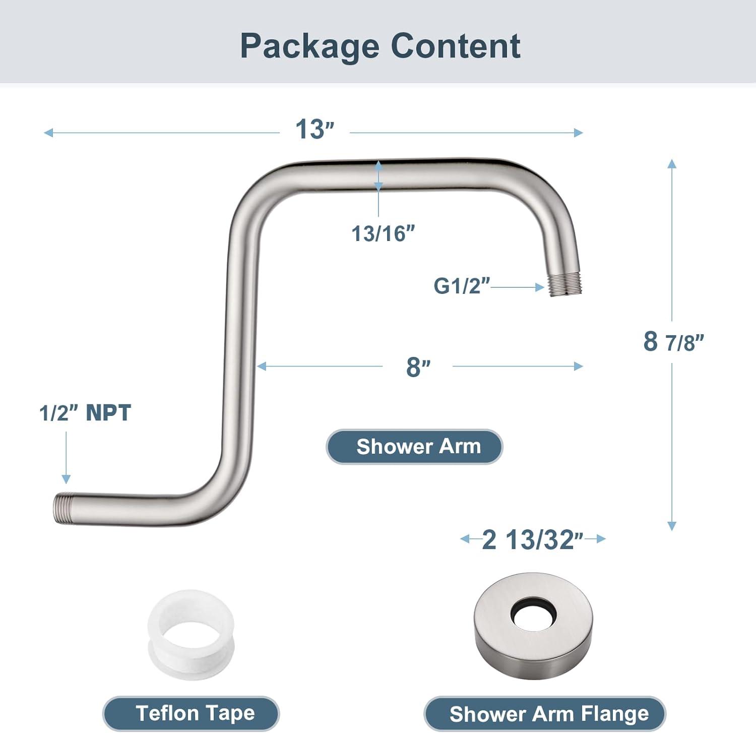 13-Inch Brushed Nickel S-Shaped Stainless Steel Shower Arm