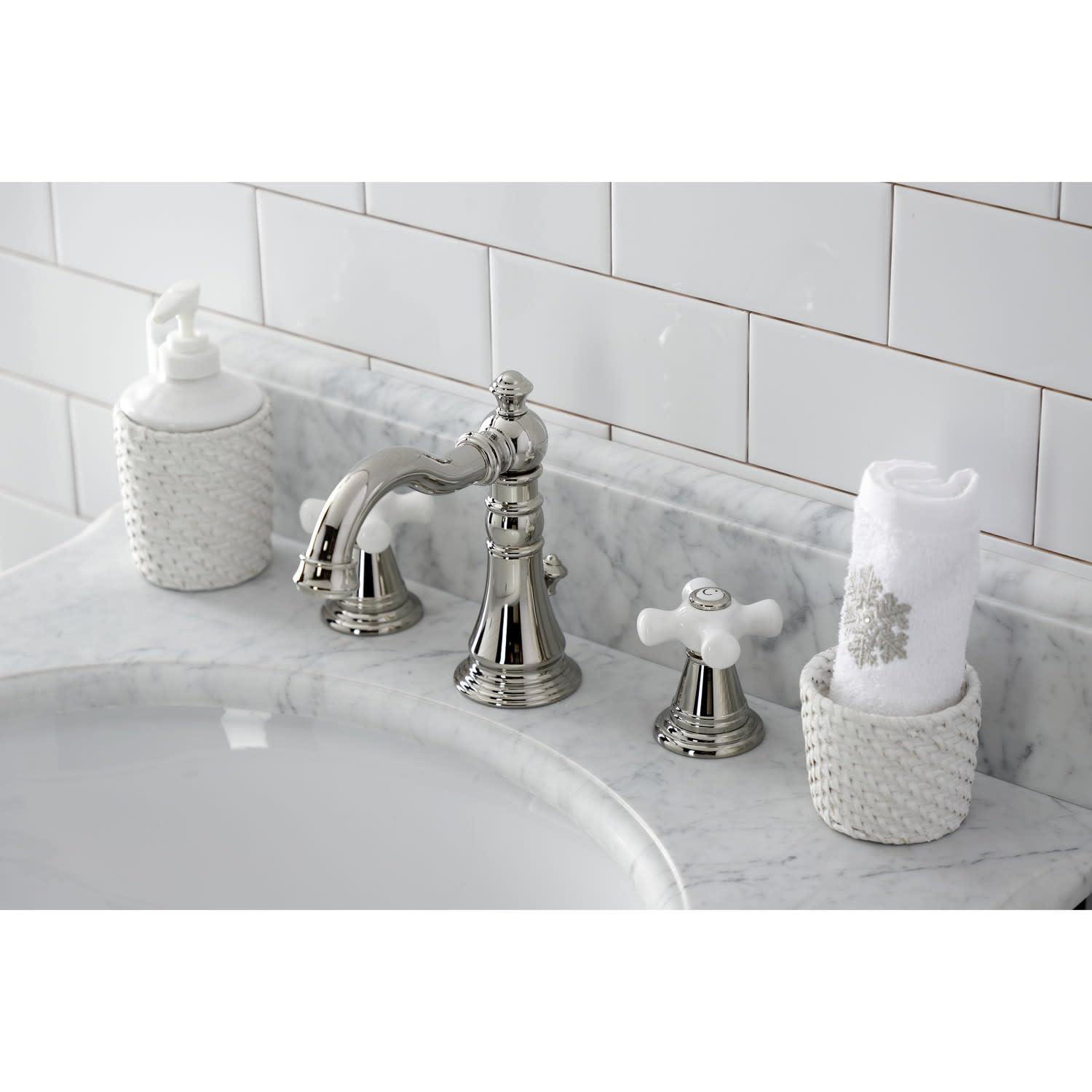 Kingston Brass American Classic Two-Handle 3-Hole Deck Mount Widespread Bathroom Faucet with Pop-Up Drain