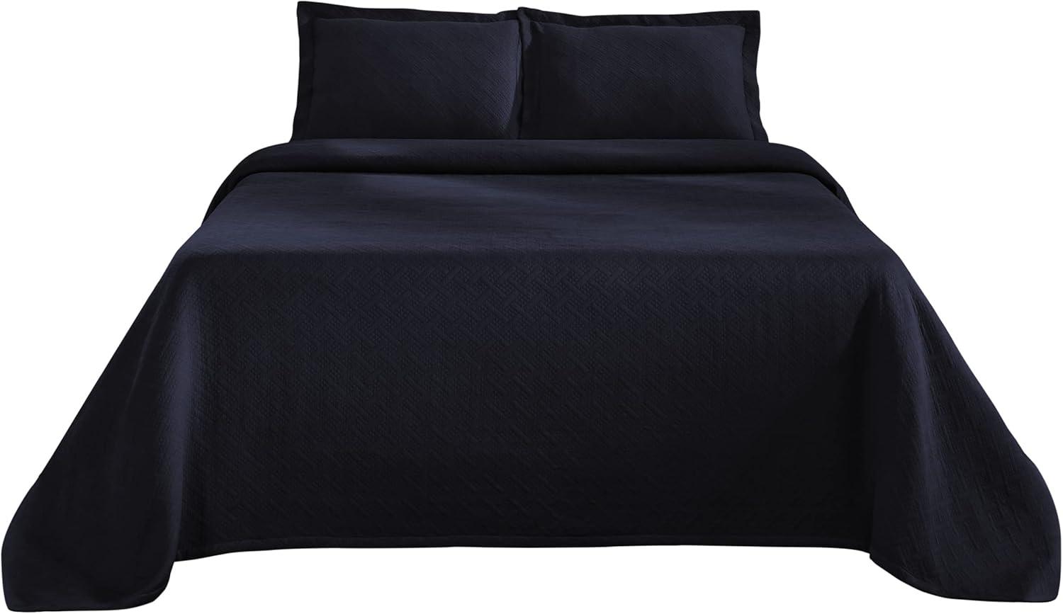 Superior 100% Cotton Basket Weave Bedspread 3 Piece Set, Queen, Navy Blue