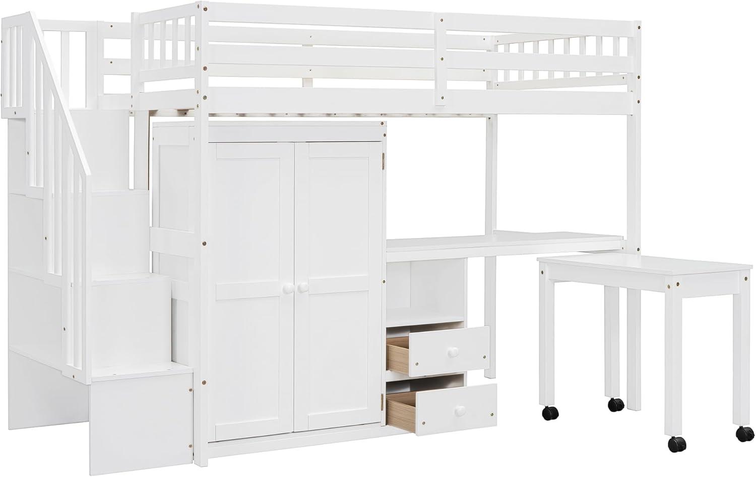 Harper & Bright Designs Twin Size Loft Bed with Stairs and Bookshelf, Wood Twin Storage Bed with Desk & Wardrobe, Space-Saving Multifunctional Furniture for Kids & Teens - White