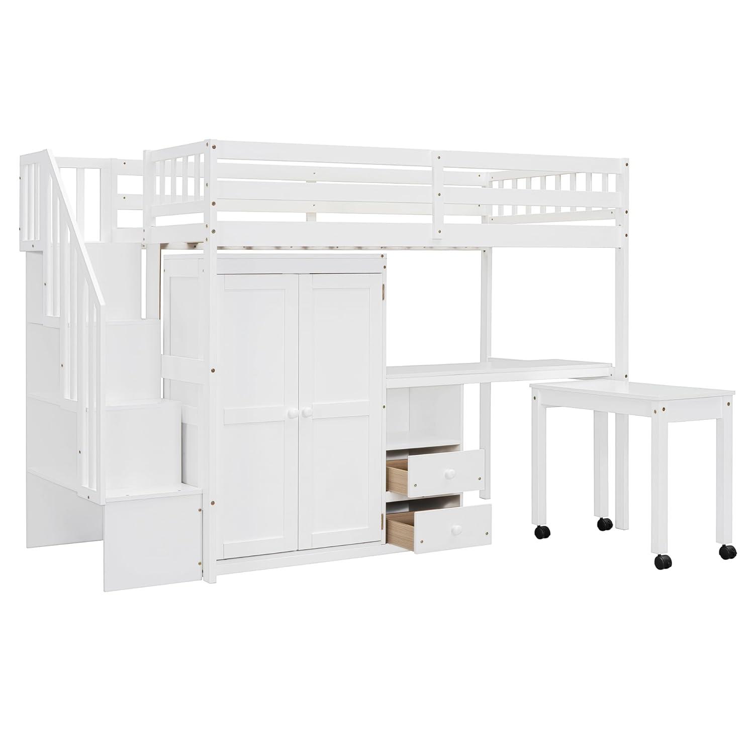 Harper & Bright Designs Twin Size Loft Bed with Stairs and Bookshelf, Wood Twin Storage Bed with Desk & Wardrobe, Space-Saving Multifunctional Furniture for Kids & Teens - White