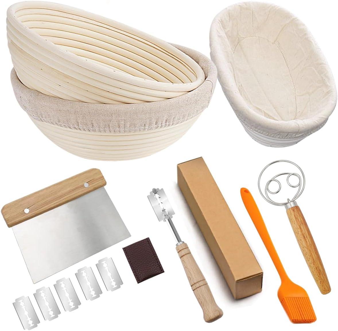 Bread Banneton Proofing Basket Set Of 2, 9 Inch Round & 10 Oval Cane Sourdough Baskets With Lame + Dough Scraper Linen Liner Basting Brush For Making Baking Fermentation