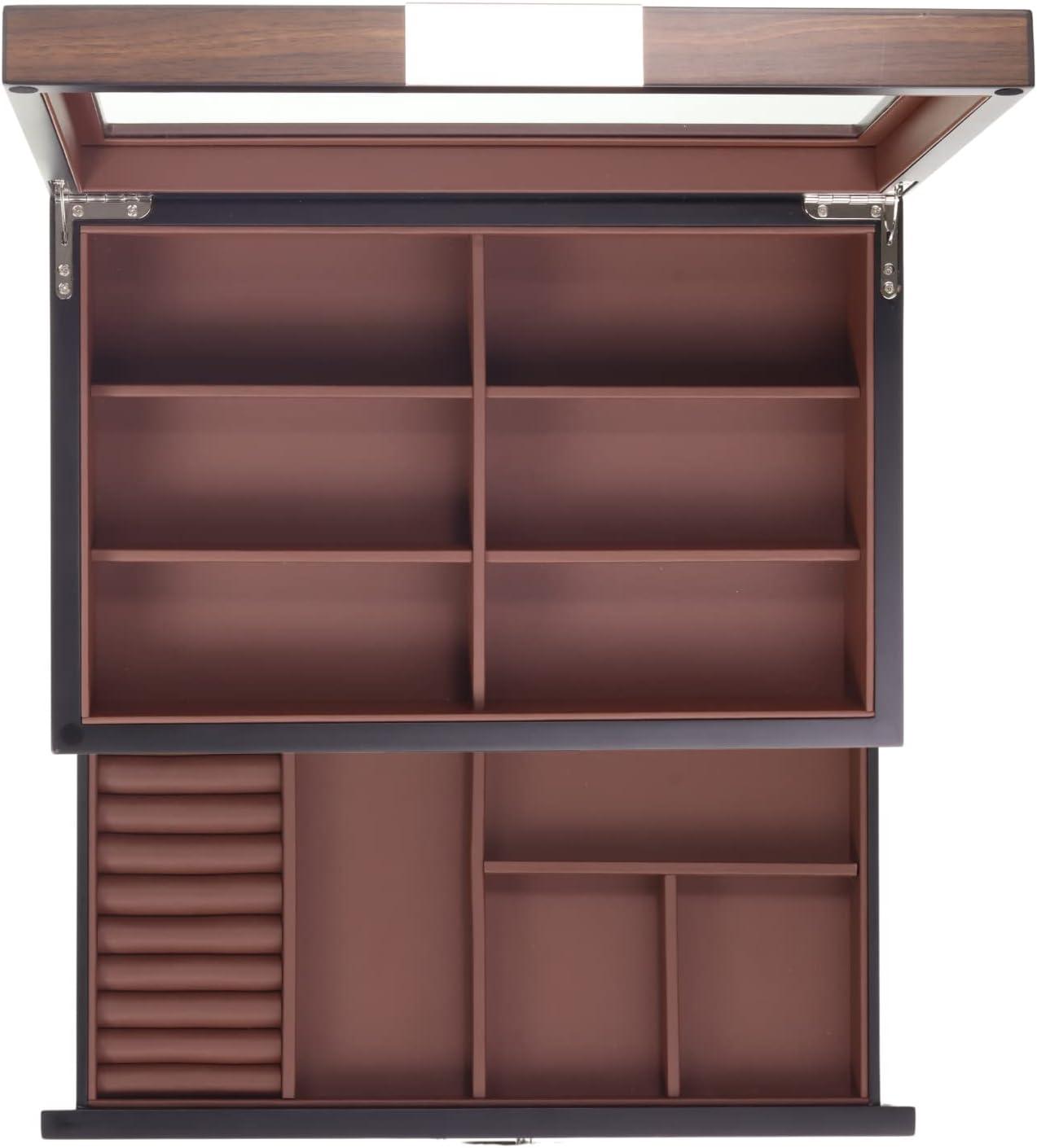 Multi-Purpose Drawer, Sunglasses and Jewelry Box Wooden Storage Organizer with Saddle Brown Leather (Coffee Lover)