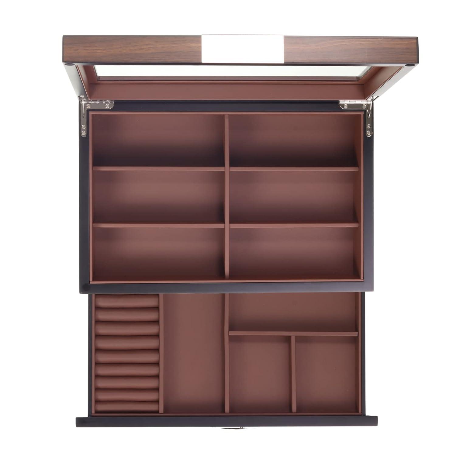 Multi-Purpose Drawer, Sunglasses and Jewelry Box Wooden Storage Organizer with Saddle Brown Leather (Coffee Lover)