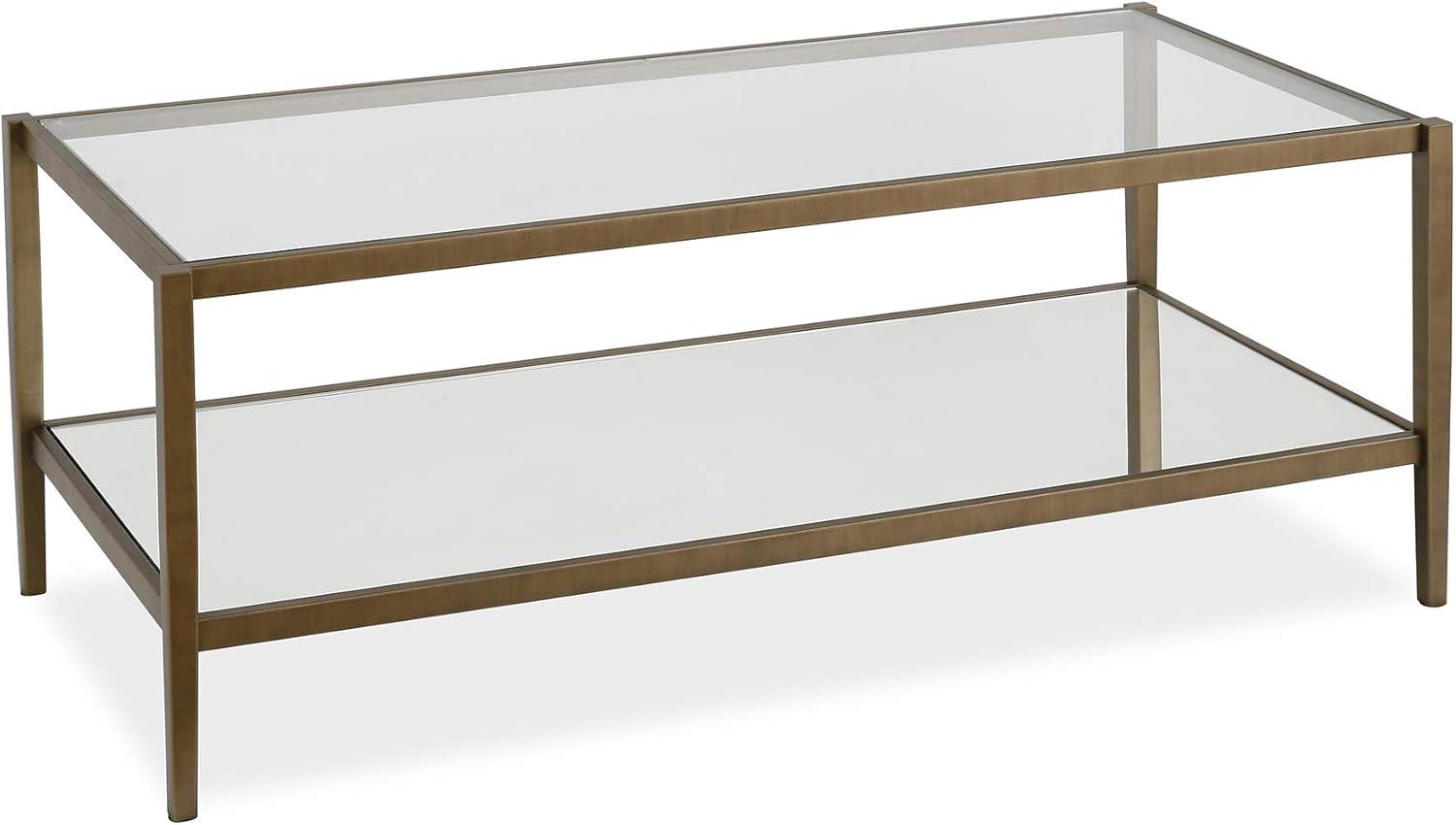 Modern Rectangle Coffee Table in Brass and Gold with Mirrored Shelf - Henn&Hart