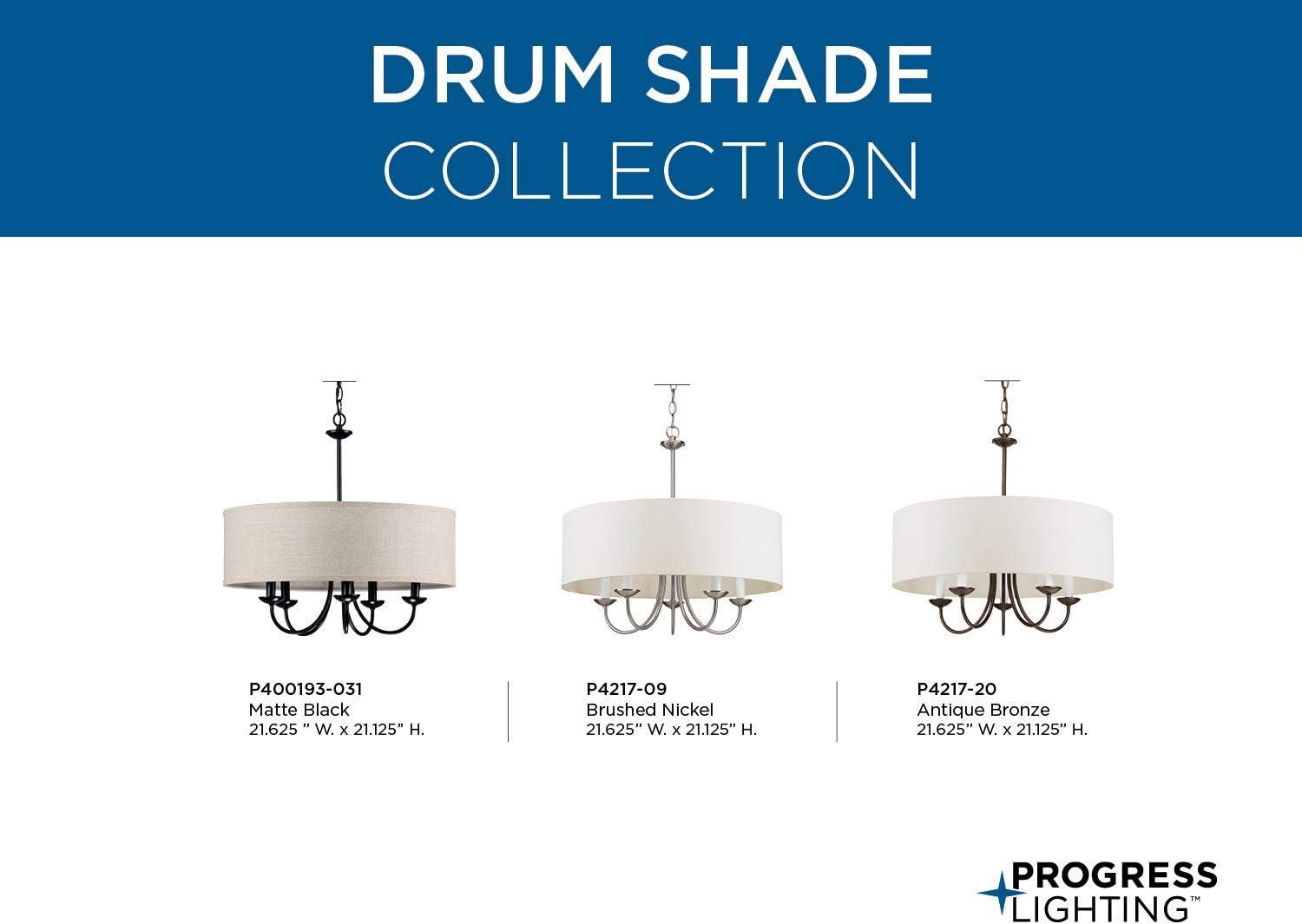 Progress Lighting, Drum Shade Collection, 5-Light Pendant, Black Finish, Harvest Linen Shade