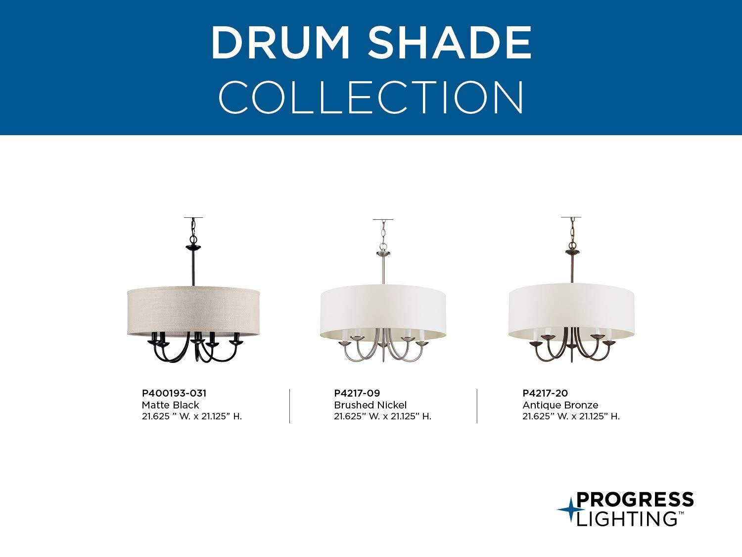 Progress Lighting, Drum Shade Collection, 5-Light Pendant, Black Finish, Harvest Linen Shade