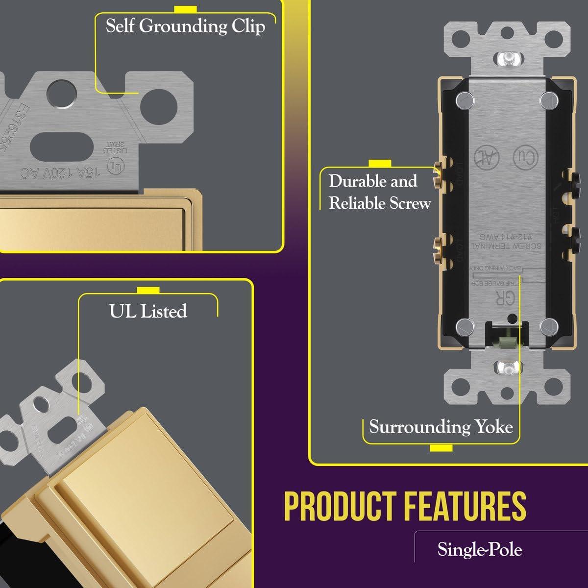 ENERLITES Double Paddle Rocker Decorator Switch, Ground terminal, Clamp-Type Back Insert Wiring, Copper Wires Only, Single Pole, Residential/Commercial Grade, 15A 120-277VAC, 62834-GD, Gold