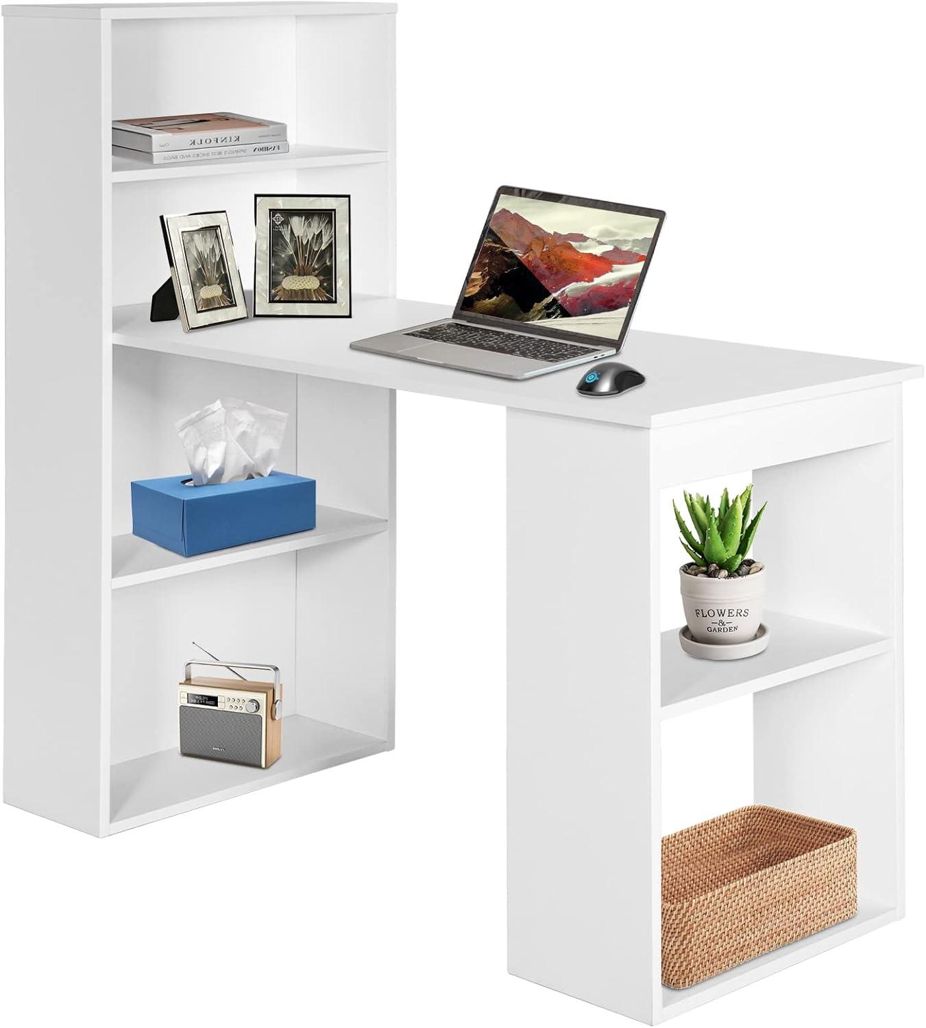 Costway Computer Desk Writing  Workstation Office w/6-Tier Storage Shelves White