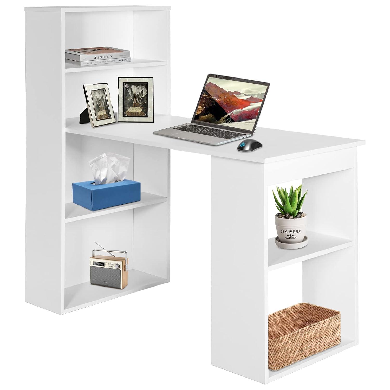 Costway Computer Desk Writing  Workstation Office w/6-Tier Storage Shelves White