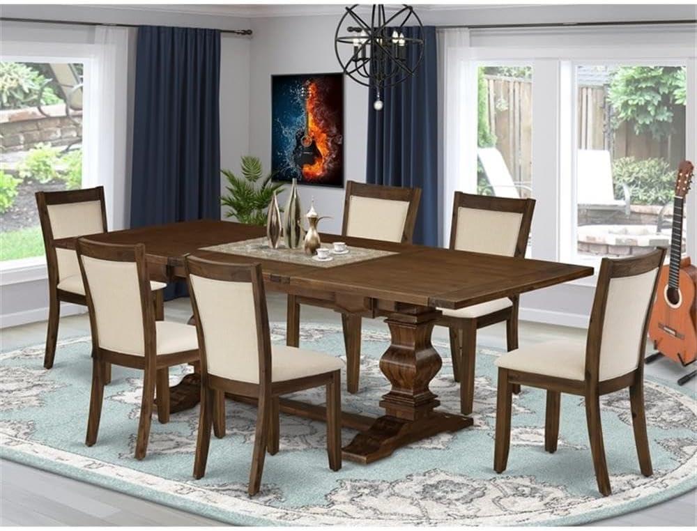 Antique Walnut 7-Piece Dining Set with Light Beige Linen Chairs