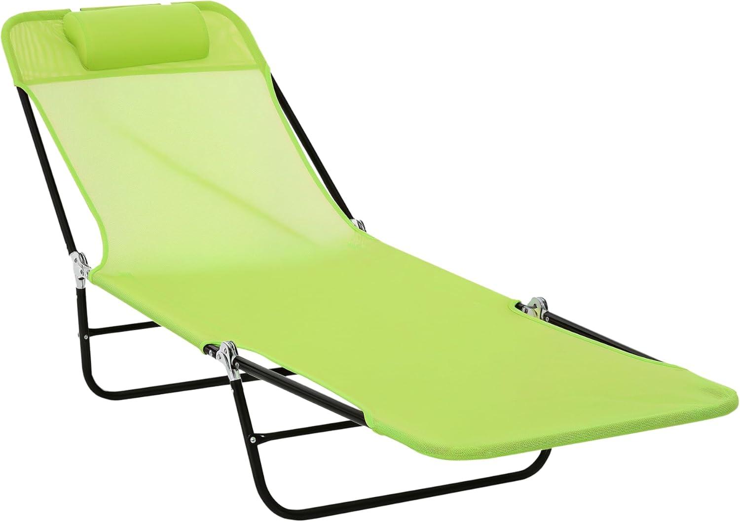 Outsunny Foldable Outdoor Chaise Lounge Chair, 5-Level Reclining Camping Tanning Chair with Breathable Mesh Fabric and Headrest, Green