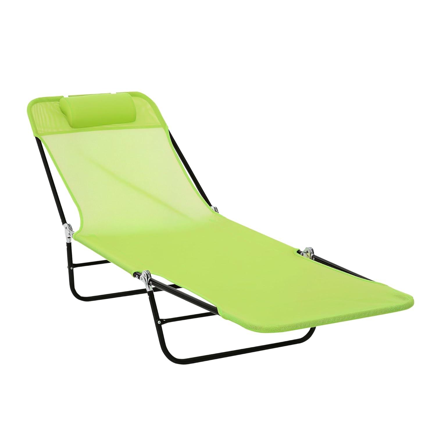 Outsunny Foldable Outdoor Chaise Lounge Chair, 5-Level Reclining Camping Tanning Chair with Breathable Mesh Fabric and Headrest, Green