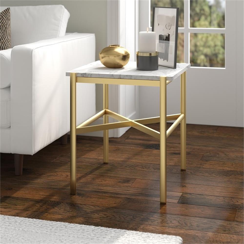 Evelyn&Zoe Braxton 21.25" Wide Rectangular Side Table with Faux Marble Top, Gold