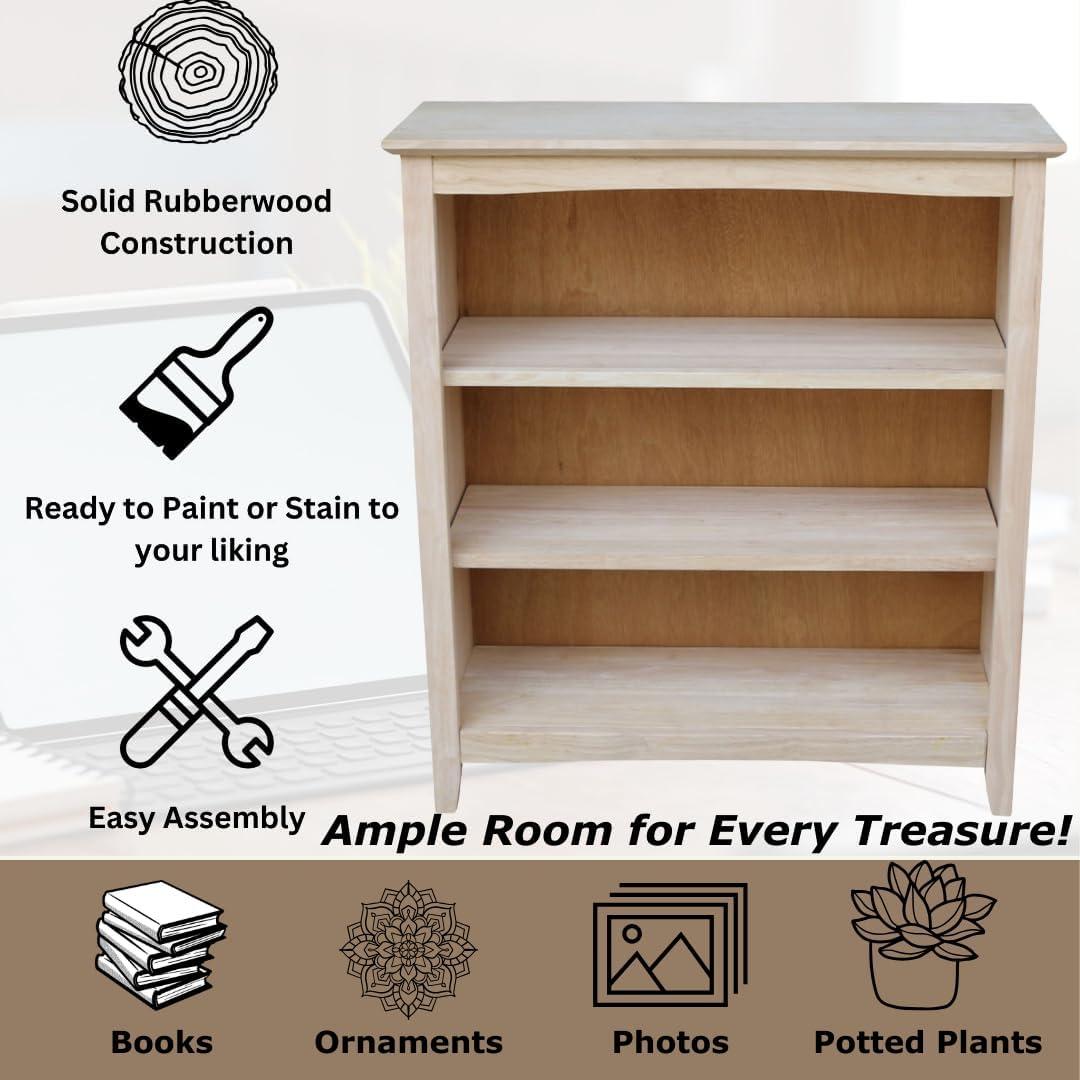 International Concepts 36" Shaker Bookshelf Unfinished: Mid-Century Modern Style, 3-Tier Storage, Hardwood Construction