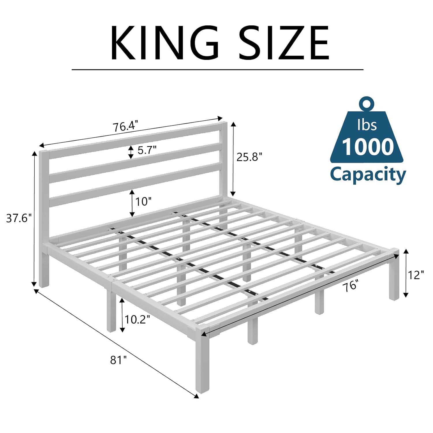 King Size Bed Frame, Heavy Duty Platform Bed Frame with Strong Metal Foundation,Under Bed Storage,Mattress Foundation,No Box Spring Required,Easy Assembly, White