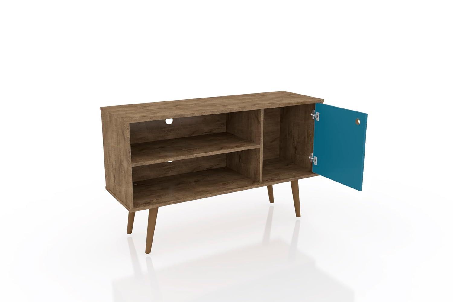 Liberty Mid-Century Modern 2 Shelves and 1 Door TV Stand for TVs up to 46" Rustic Brown/Aqua Blue - Manhattan Comfort