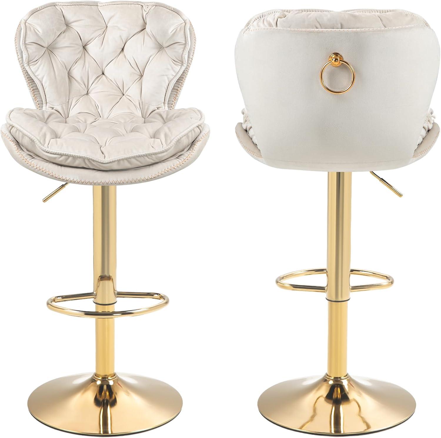 Beige Velvet Adjustable Swivel Bar Stools with Gold Base