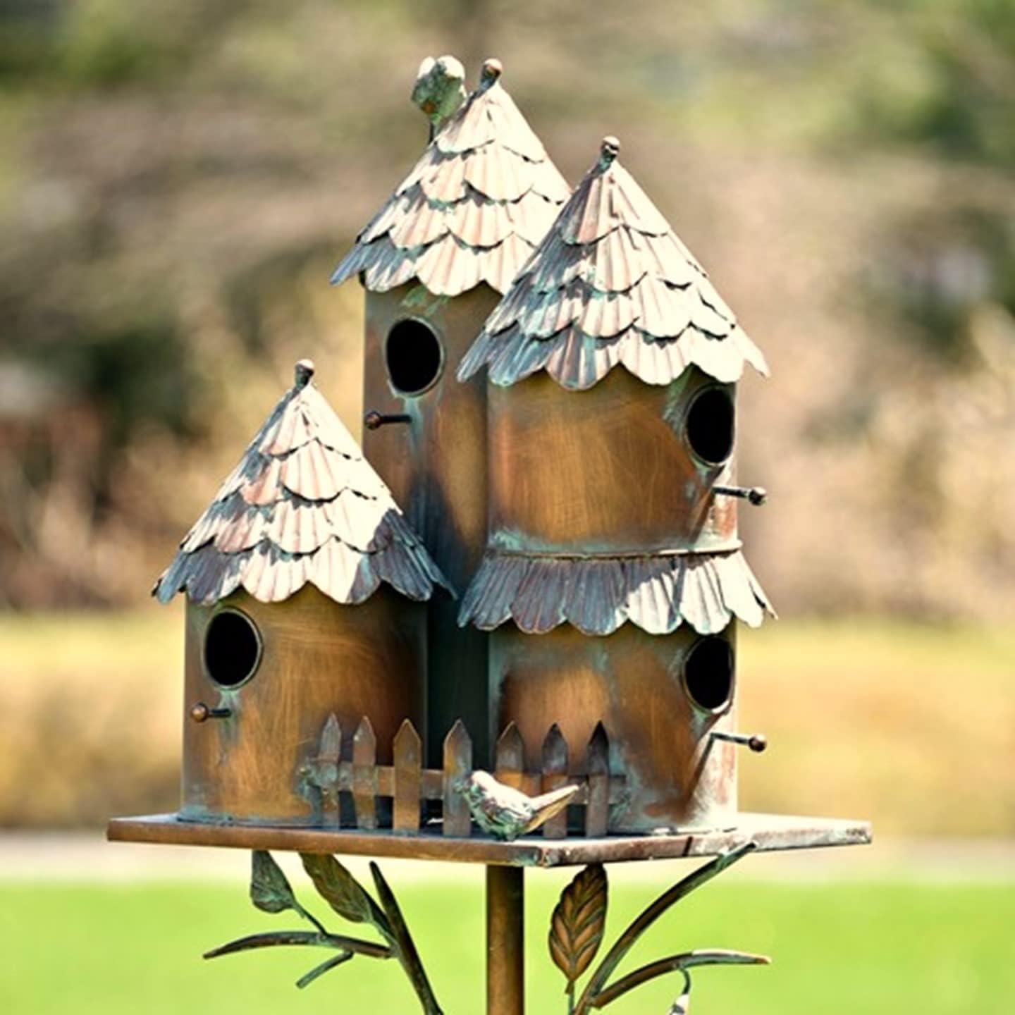 Large Copper Colored Multi-Birdhouse Stakes, Room for 4 Bird Families in Each (Castle Home)