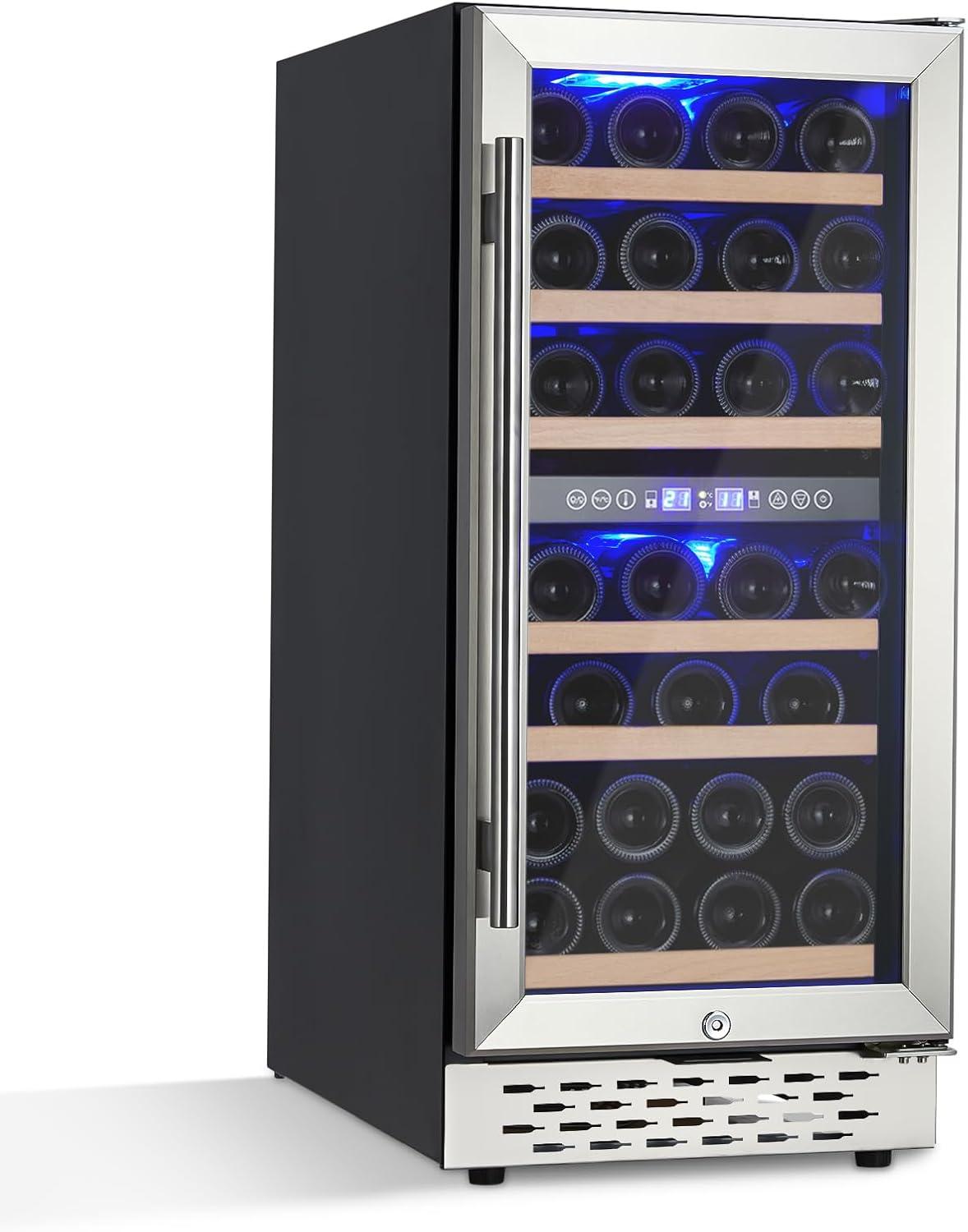 28 Bottle Wine Cooler Refrigerator - Double-Layer Glass Door, Temperature Stable, Digital Touch Control, Single Area Dual Temperature, with Safety Lock, Built-in or Freestanding