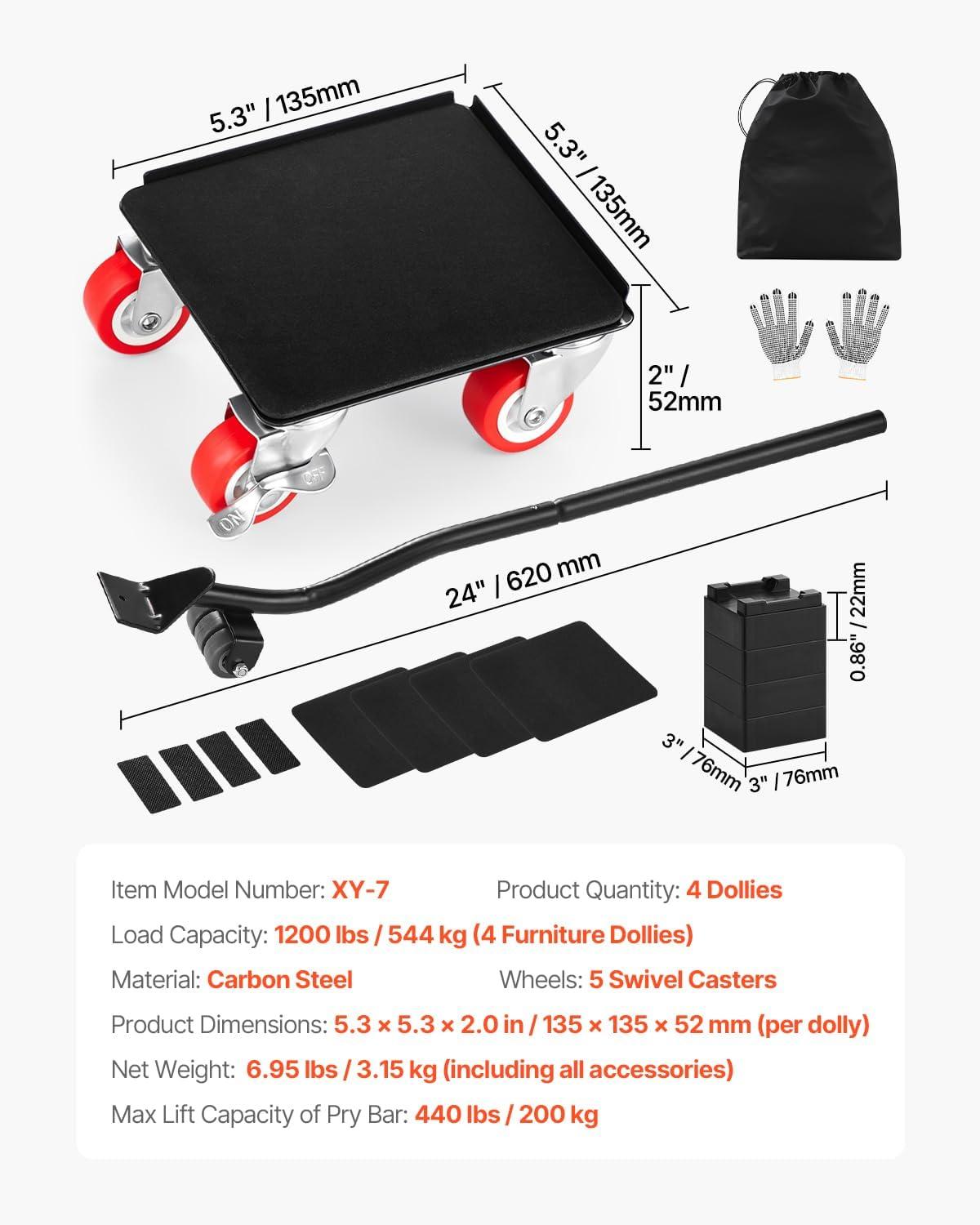 VEVOR Furniture Dolly, Maximum Load 1200 lbs, Heavy Duty Furniture Movers with 5 360° Rotation Wheels, Carbon Steel Panel, Furniture Lift Slider Tool Set for Appliances, Sofa, Fridge, Washing Machine