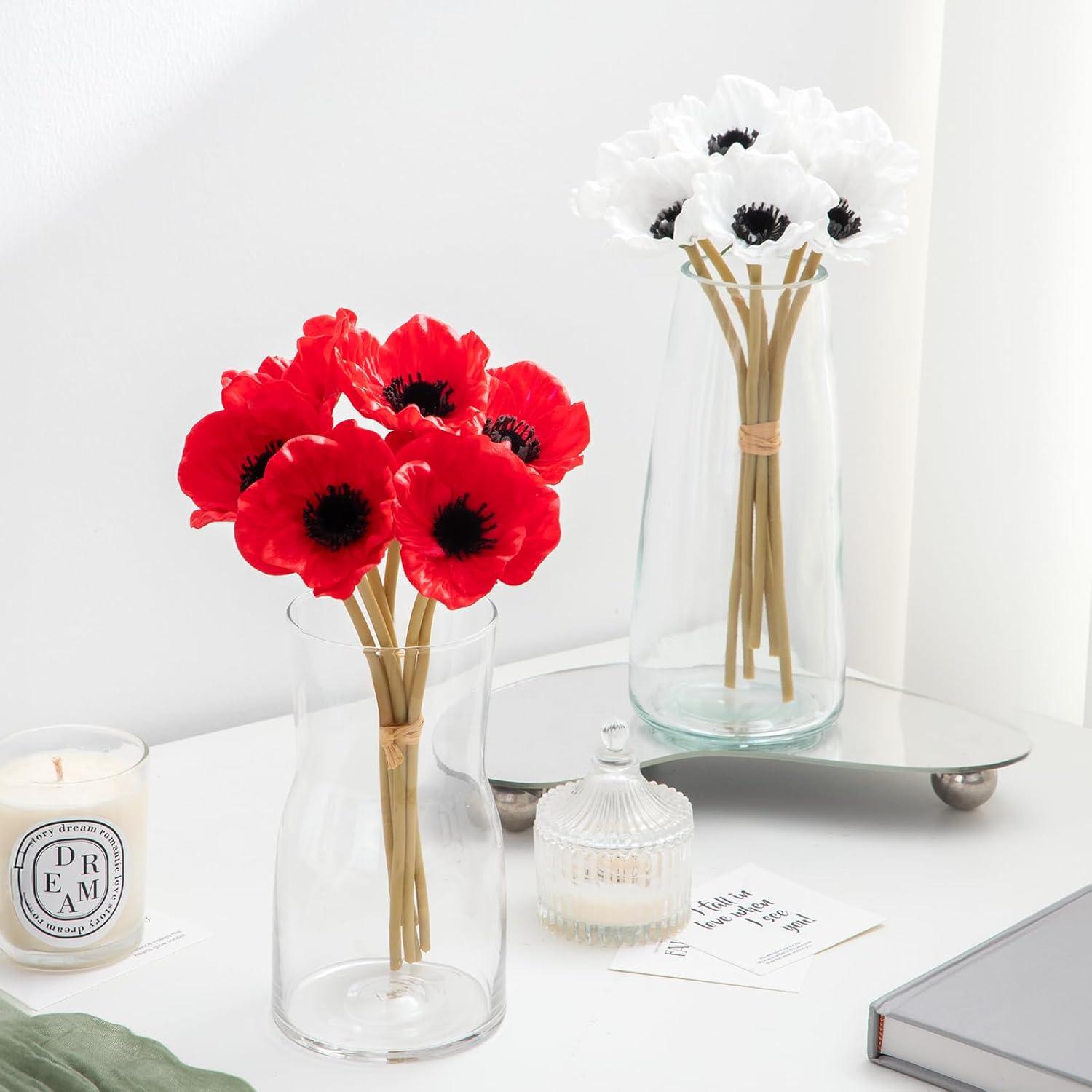 Floral Kingdom Artificial Anemone Poppy, Real Touch Latex, Red, 10 Inch, 8 Pack for Home and Wedding Table Decor, All Season