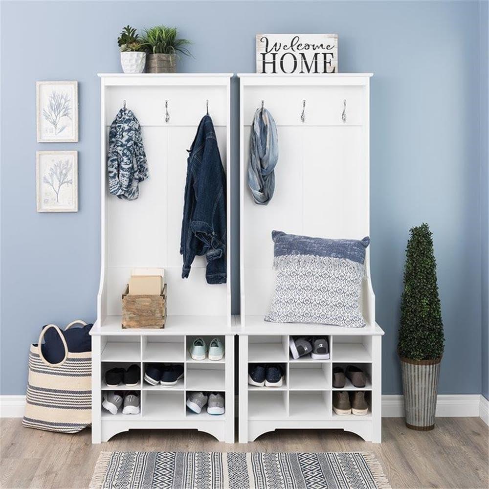 27" Narrow Hall Tree with 9 Shoe Cubbies White - Prepac: Modern Entryway Organizer, Mudroom Storage, Metal Hooks