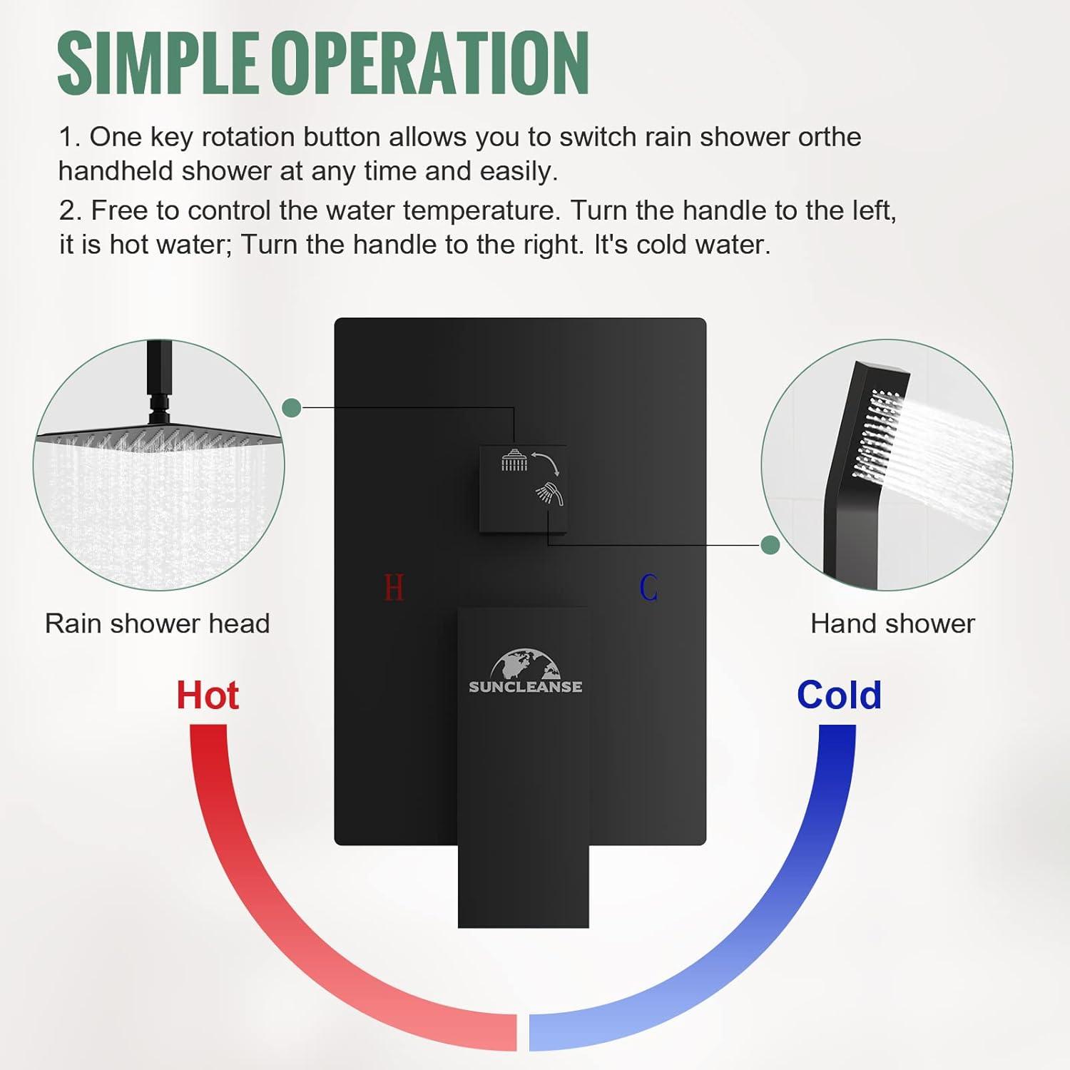 SunCleanse Rainfall Shower System Matte Black Ceiling Mounted Shower System Combo Set with High Pressure 12 Inches Square Rain Shower Head Handheld and Shower Faucet Rough-in Mixer Valve and Trim