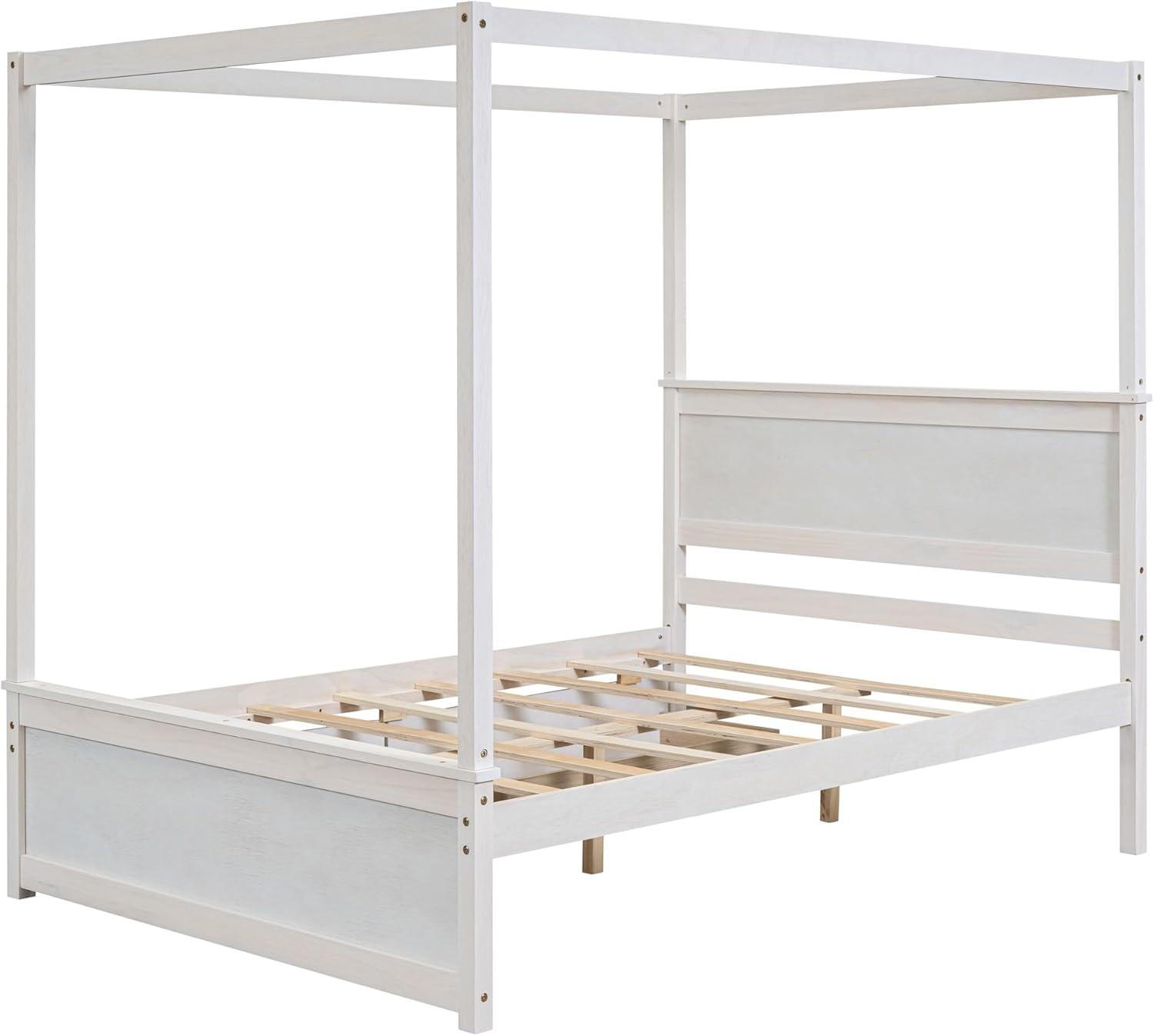 CITYLIGHT Full Size Canopy Bed with 2 Storage Drawers, Wooden Canopy Platform Bed with Headboard, Four Post Bed (Brushed White)