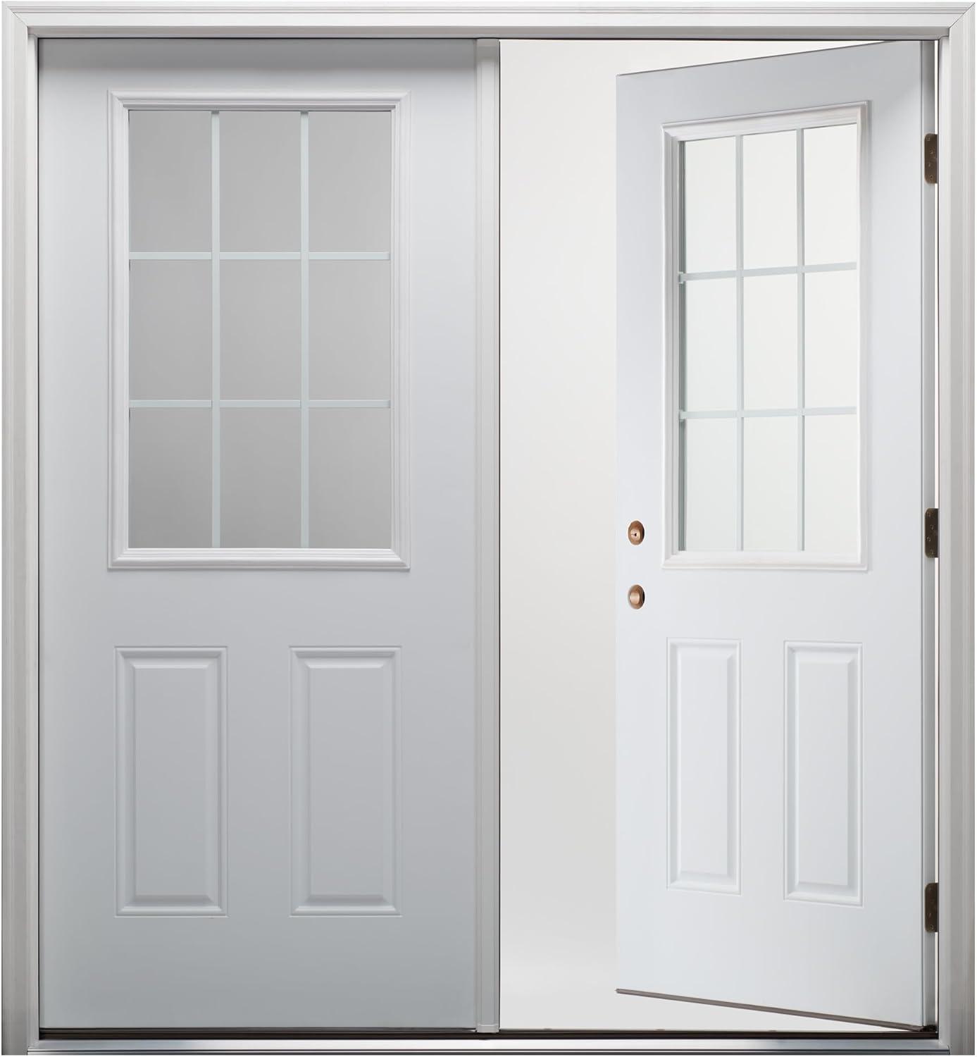 60 in. x 80 in. White Internal Grilles Right-Hand Inswing 1/2-Lite Clear Glass 2-Panel Primed Steel Prehung Front Door