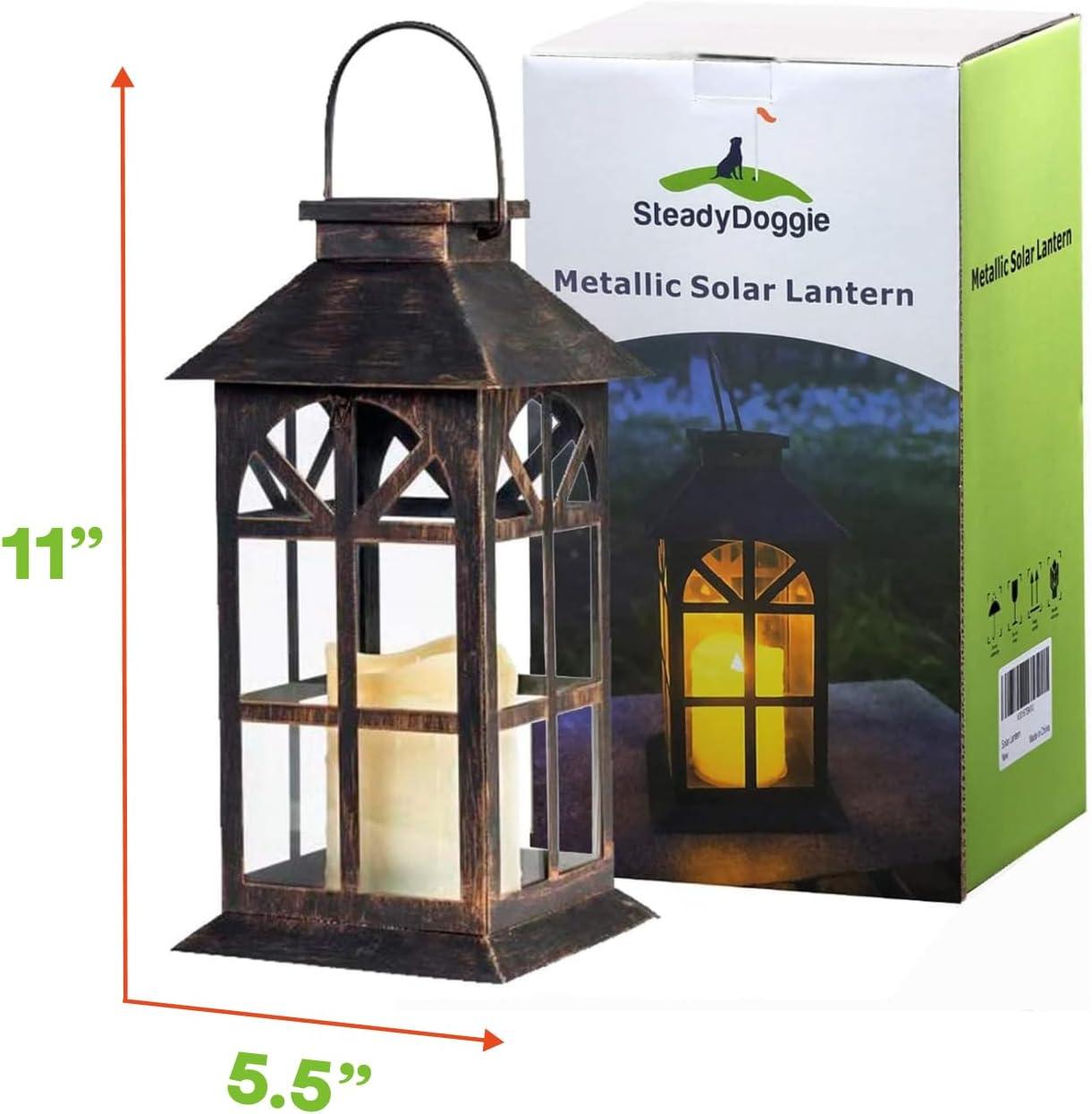 Bronze Antique Solar-Powered LED Lantern with Glass Panels