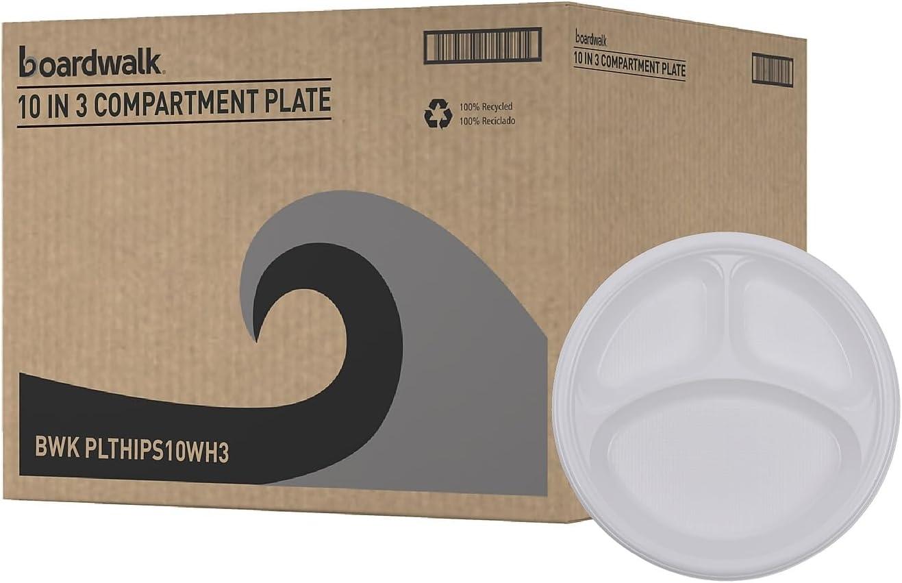 Boardwalk Hi-Impact Round Plastic Plate, 3-Compartment, 10" dia, White, 500/Carton