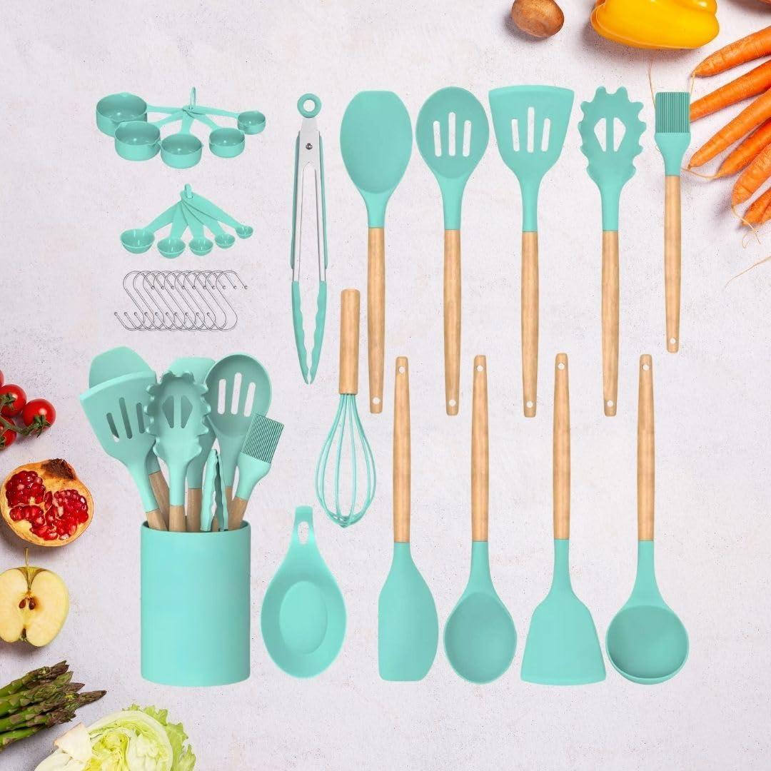 33 Pcs Silicone Kitchen Utensils Set, Khaki Kitchen Cooking Utensils Set with Natural Hard Wood Handle, Silicone Utensils Set with Holder, Heat Resistant, BPA Free, Non Toxic