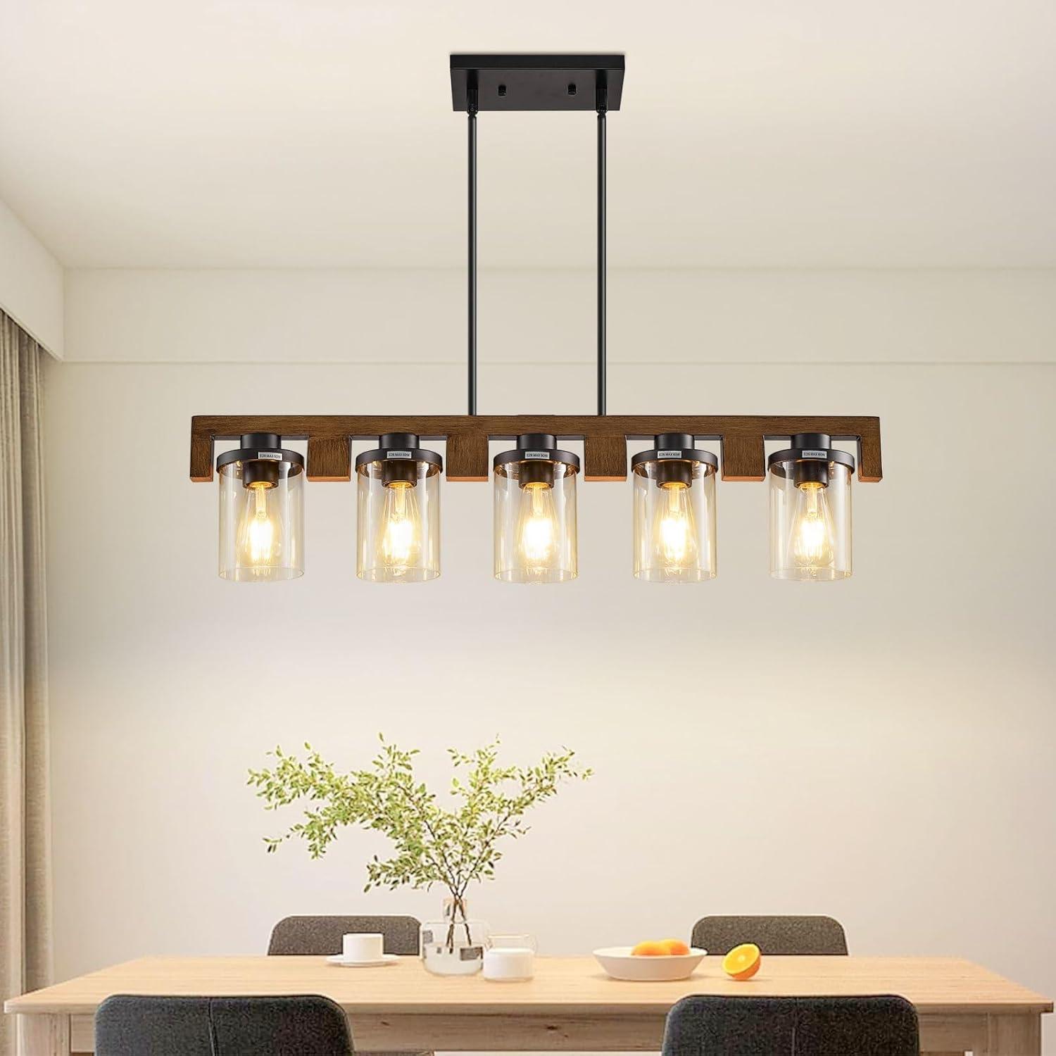 Black and Wood 5-Light Linear Island Chandelier