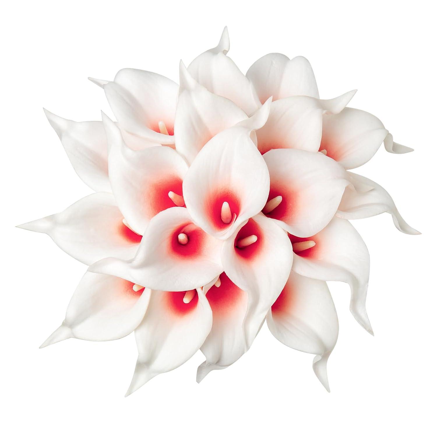 DuHouse 20Pcs Artificial Calla Lily Flower Real Touch Latex Flowers for DIY Wedding Bouquet Party Home Decor (White Red)