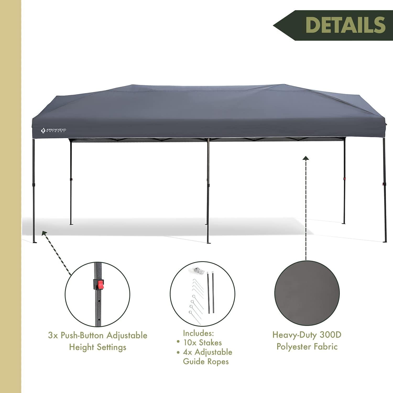 ARROWHEAD OUTDOOR 10’x20’ Pop-Up Canopy & Instant Shelter, Easy One Person Setup, Water & UV Resistant 300D Fabric Construction, Adjustable Height, Wheeled Carry Bag, Guide Ropes & Stakes Included