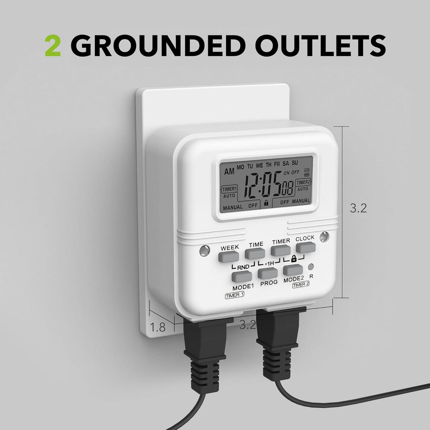 BN-LINK 7 Day Heavy Duty Digital Programmable Dual Outlet Timer - 2 Independently Programmable Grounded Outlets