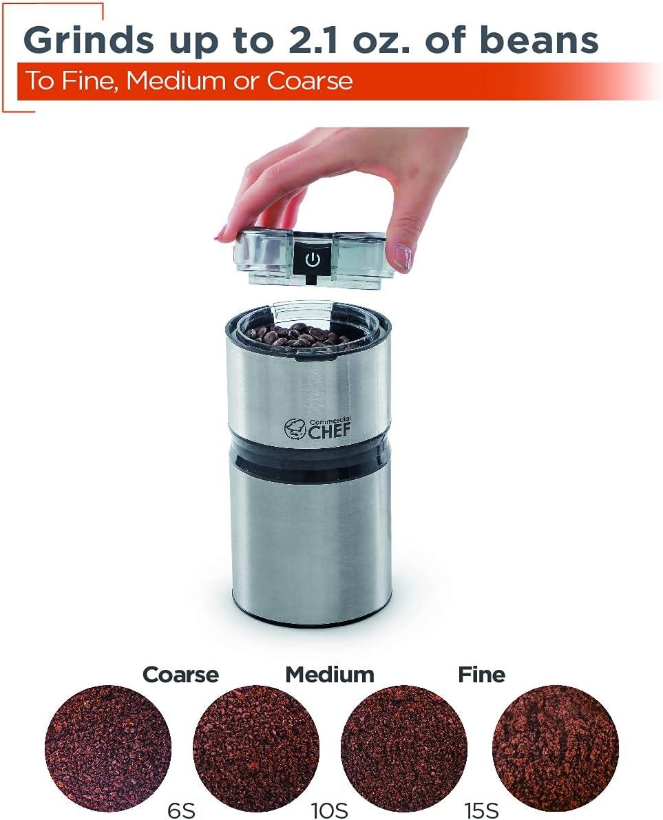 Commercial Chef Electric Coffee Grinder, Brushed Stainless Steel Texture and Transparent Lid