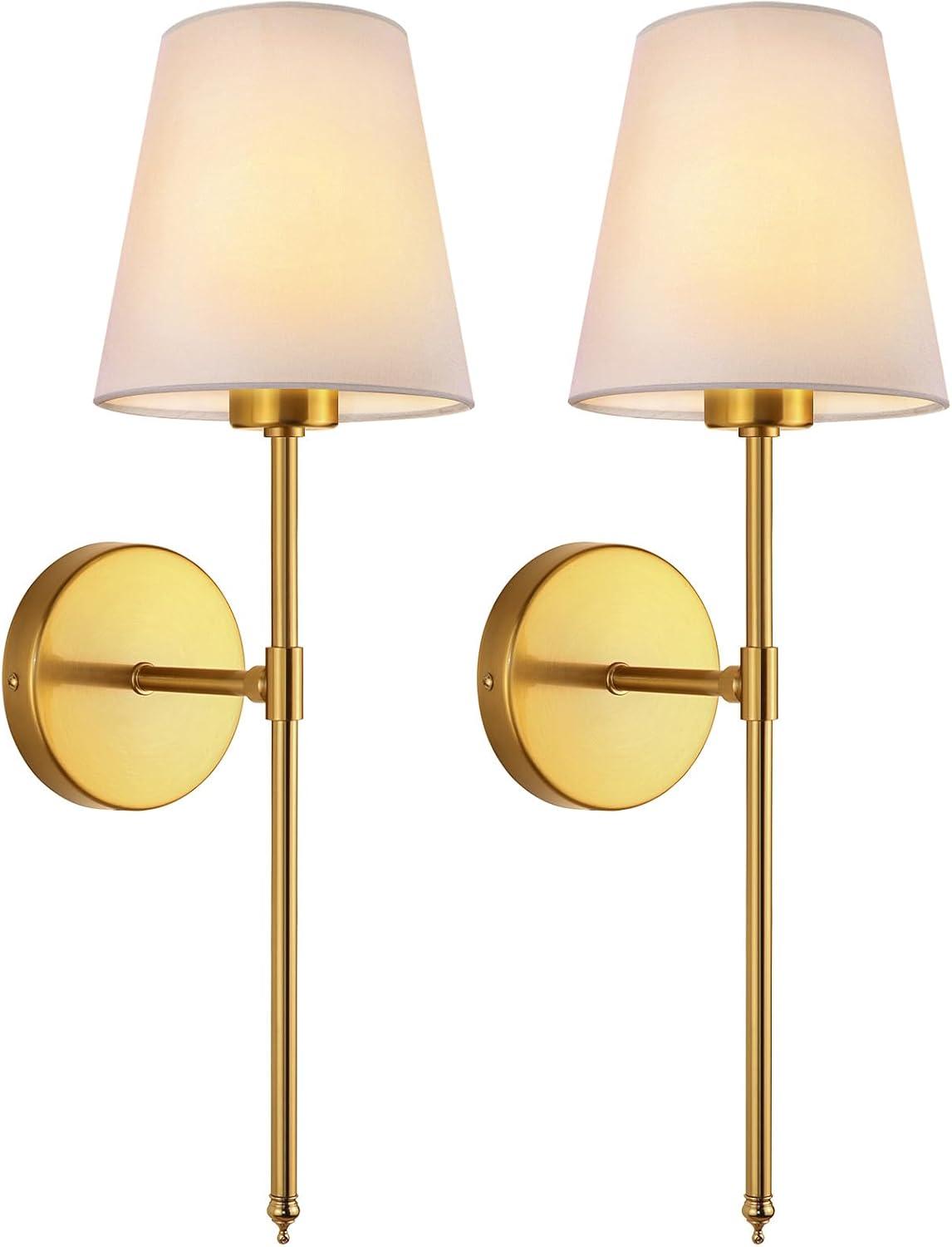 Gold and White Fabric Shade Wall Sconce Set of 2