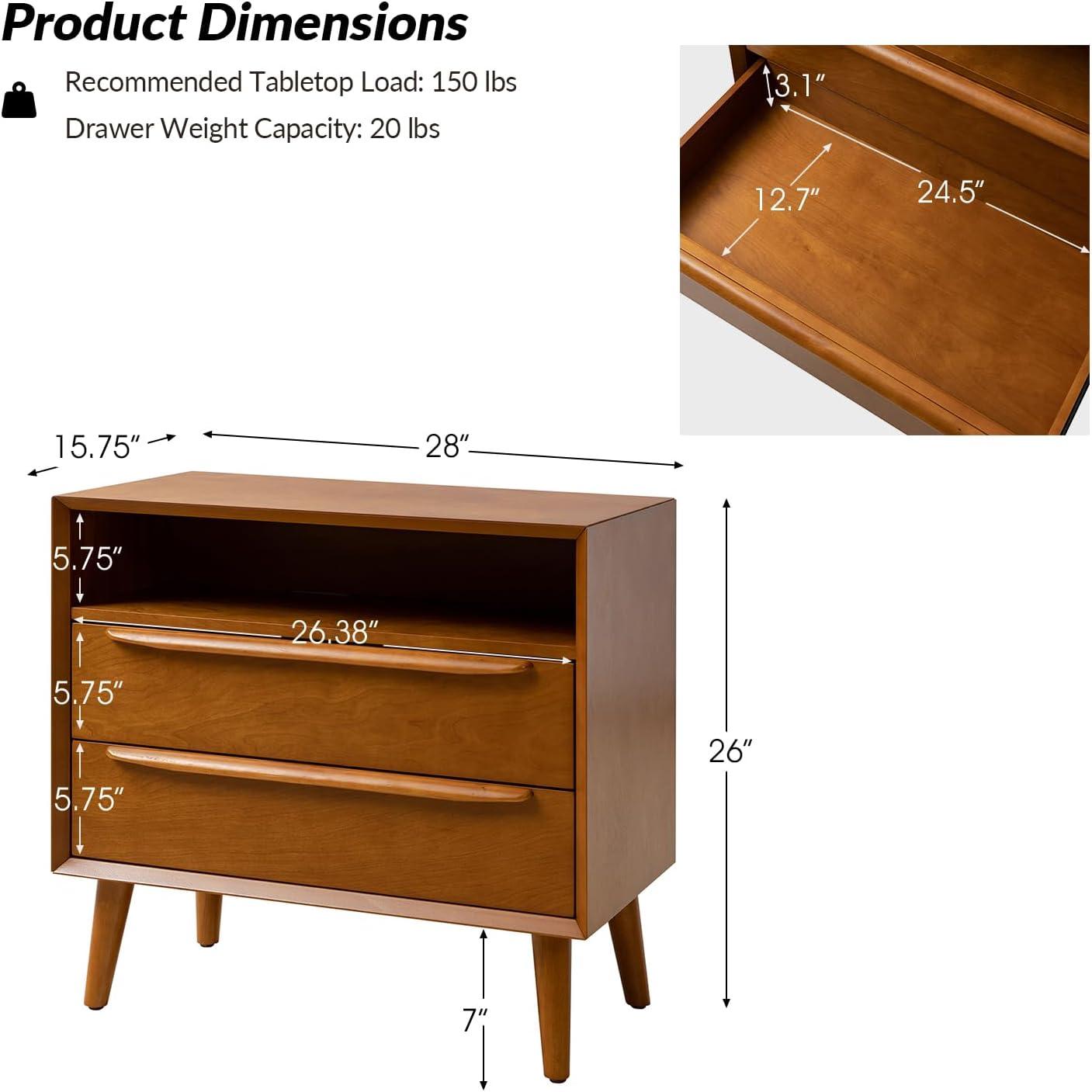 Acorn Mid-Century Modern 2-Drawer Nightstand with Charging Station