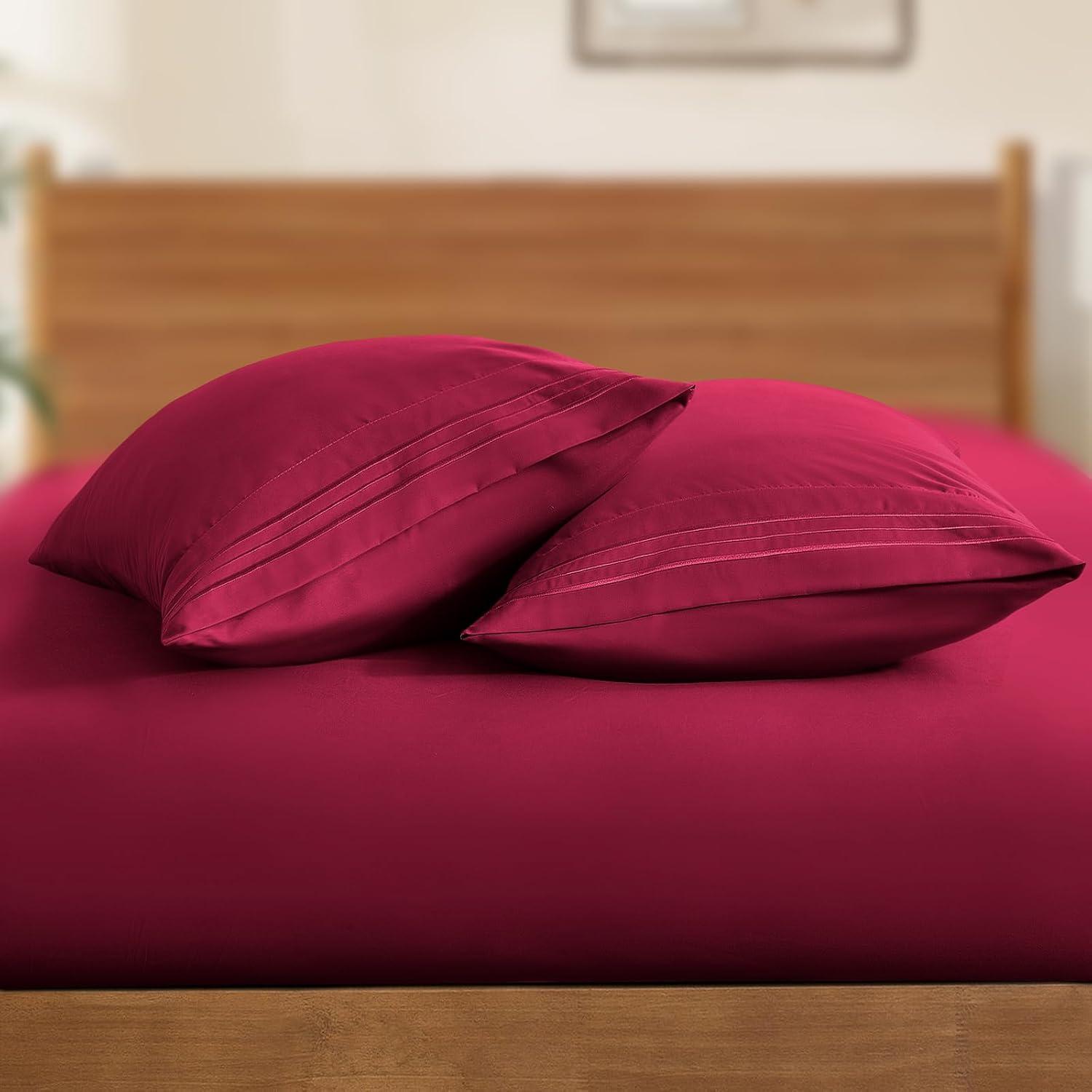 PiccoCasa 2Pcs Cotton Pillowcases Embroidered Pillow Covers, Queen Burgundy