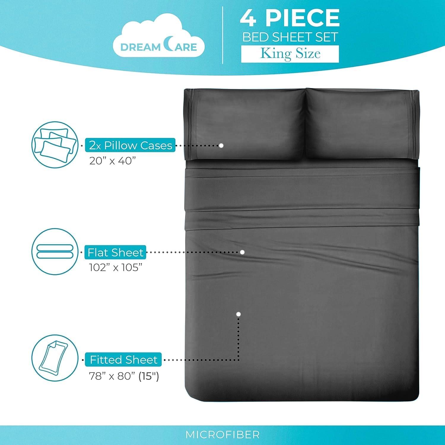 DREAMCARE - Bed Sheets Set - Queen Size Sheet with Side Pocket - 4pcs Set, 15 inches, Dark Gray