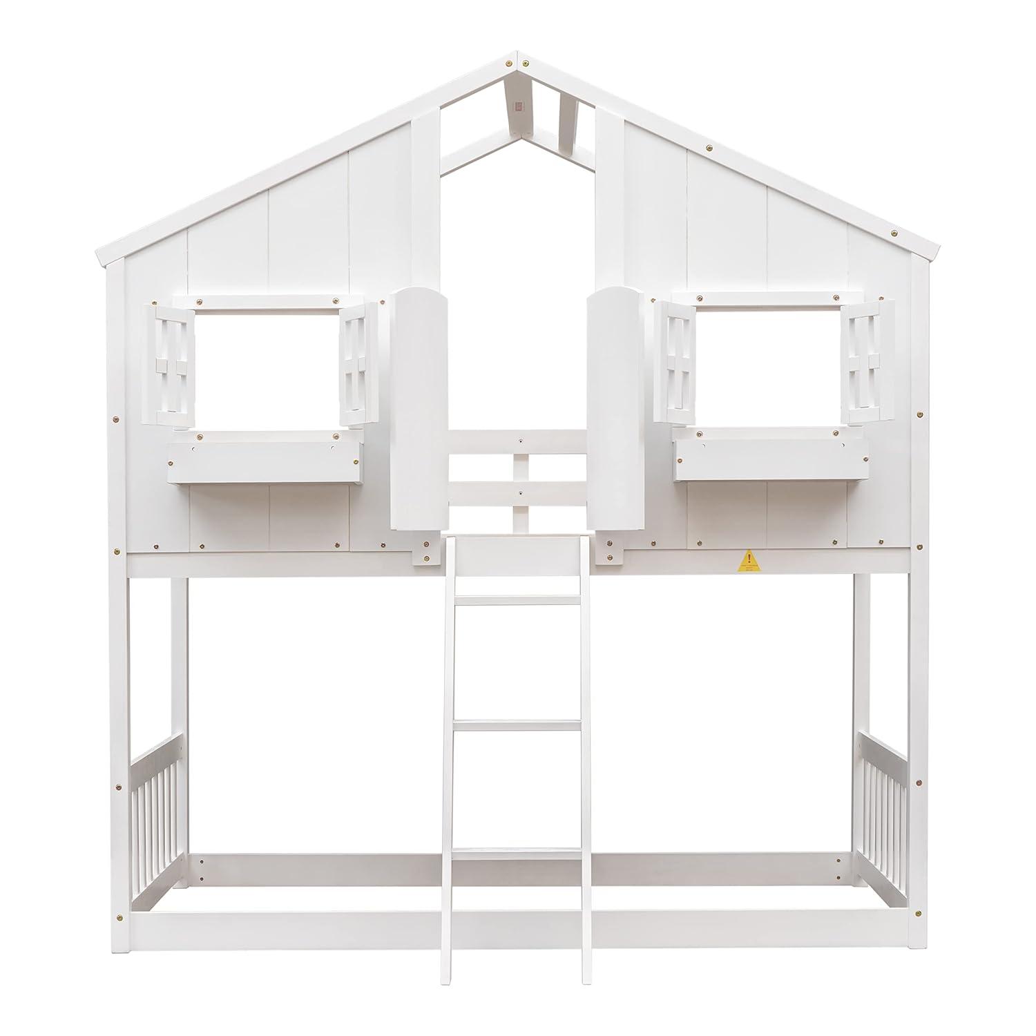 Harper & Bright Designs House Bunk Bed Twin Over Twin Kids Bunk Bed Wood Frame with Roof, Window, Window Box, Door, Safety Guardrails and Ladder, for Girls Boys (Twin Size, White)