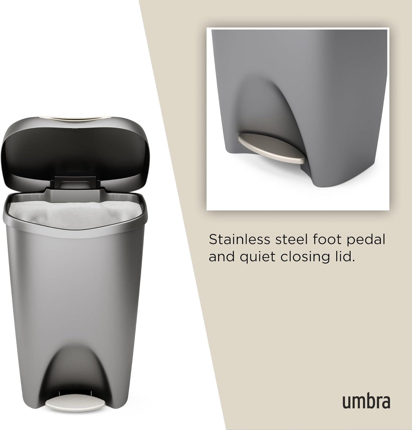 Umbra 13gal Brim Step Trash Can Nickel: Kitchen Trash Can, 50 Quart, Polypropylene, Indoor, Silver