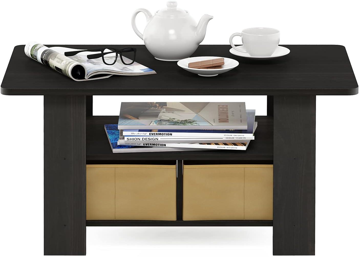 Espresso Brown Rectangular Wood Coffee Table with Storage