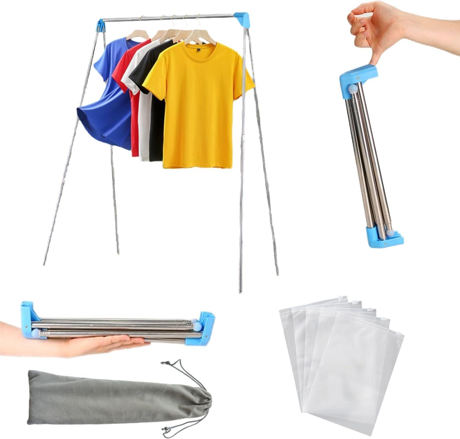 Portable Travel Garment Rack, Compact Stainless Steel Foldable Mini Drying Clothes Rack for Travel, Camping, Hotel Room, Laundry, Dance Costume, Indoor, Outdoor (Regular)