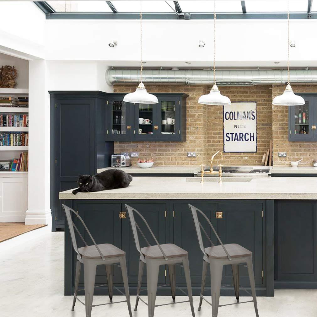 YRLLENSDAN Modern Bar Stool Set of 4 Counter Height Barstool with Back 24 Inches Seat Height Industrial Bar Chairs Indoor Outdoor Metal Kitchen Stools Restaurant Patio Stool Stackable, Bronze