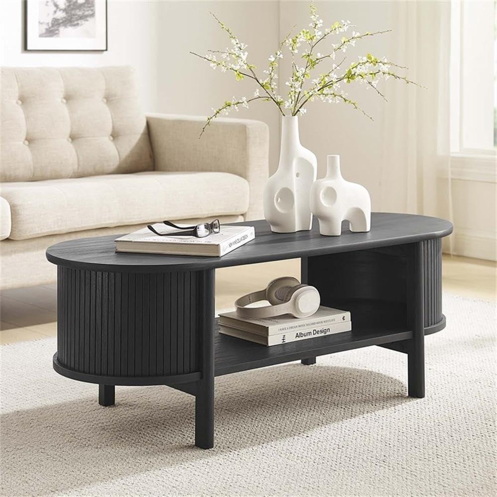 Cadence Black Oval Wood Coffee Table with Storage