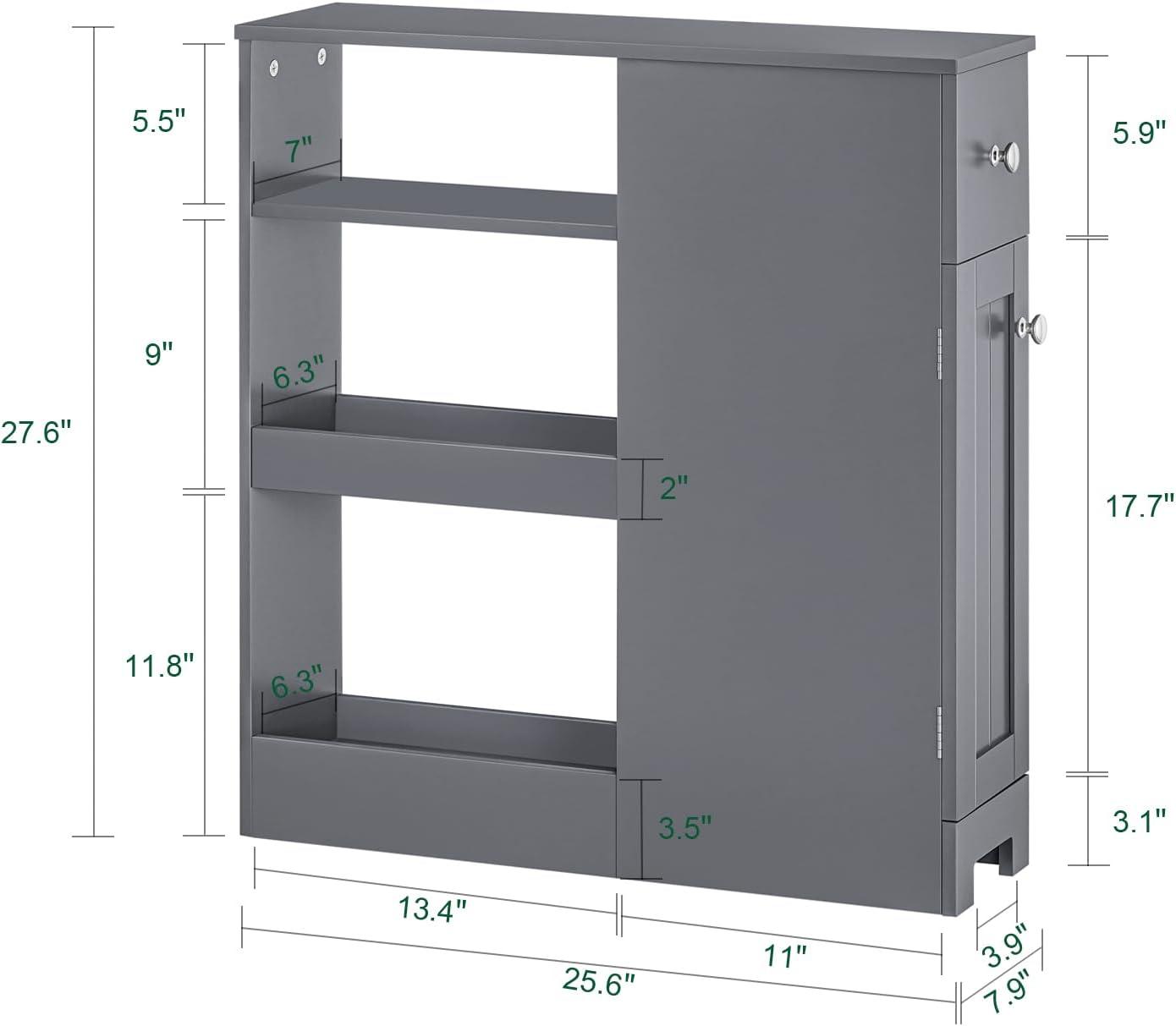 Toilet Paper Holder on Wheels, Bathroom Storage Cabinet with Drawer, Cabinet and Shelf, Narrow Side Cabinet for Bathroom, Gray